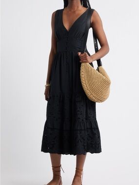 NwotTreasure & Bond Black Eyelet Button-Front Midi Dress